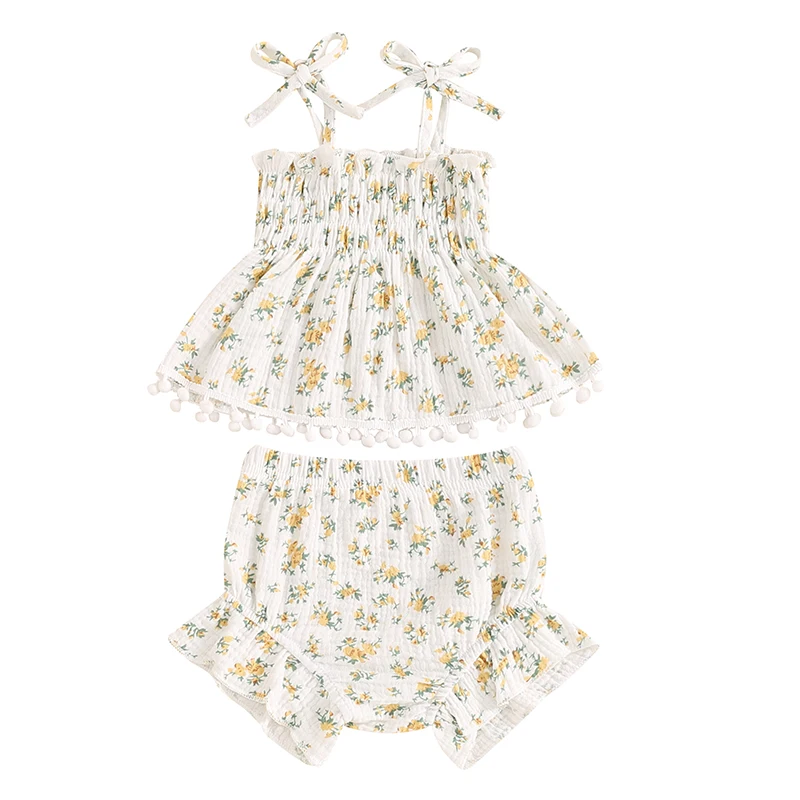 

2Pcs Baby Girl Summer Outfits Sleeveless Tie Strap Tops + Ruffle Shorts Set Newborn Clothes