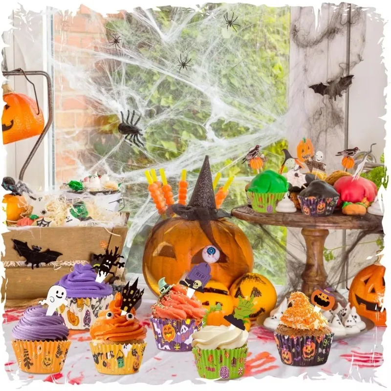 Cupcake and Muffin Baking Liners with Spooky Ghost and Pumpkin Designs for Party Decorations Candy Treats and Baking Supplies