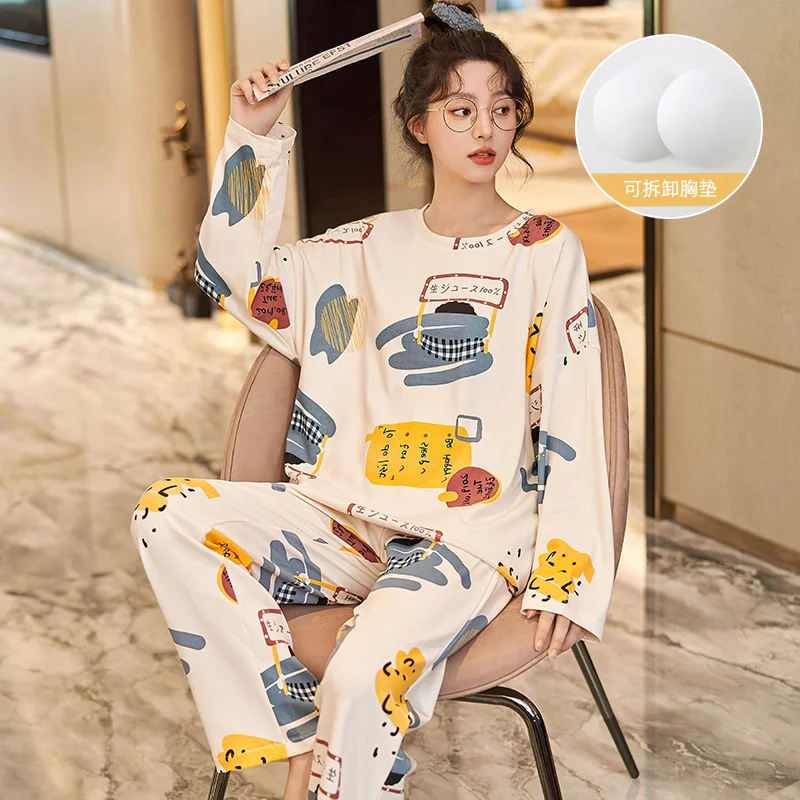 

Newest Women Pajamas Set With chest pad Spring and Autumn knited Cotton Leisure Pijamas Female Pyjamas