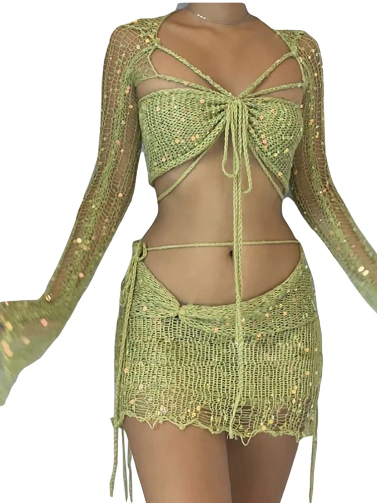 

Women's 2023 New Beaded Knitted Sweater Three Piece Set Solid Color Lace Up Set Long Sleeve Slim Fitting Top Fashion Sexy Set