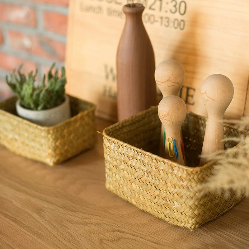 Flower Storage Baskets Seagrass Rattan Basket Woven Straw Storage Box Container Sundries Organizer Snack Store Storage Baskets 4