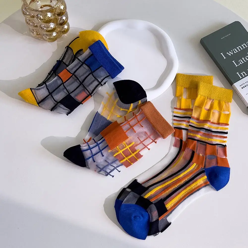 

1Pair Colorful Plaid Crystal Silk Socks Fashion Women Summer Ultra-thin Transparent Nylon Socks Casual Striped Sheer Glass Socks