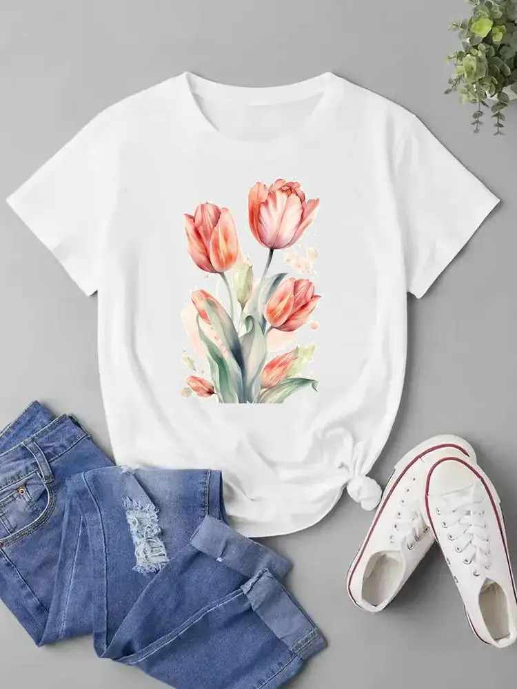 

Fashion T Shirt Short Sleeve Clothes Graphic T-shirt Women Lovely Flower Trend Cute 90s Female Print Top Ladies Clothing Tee