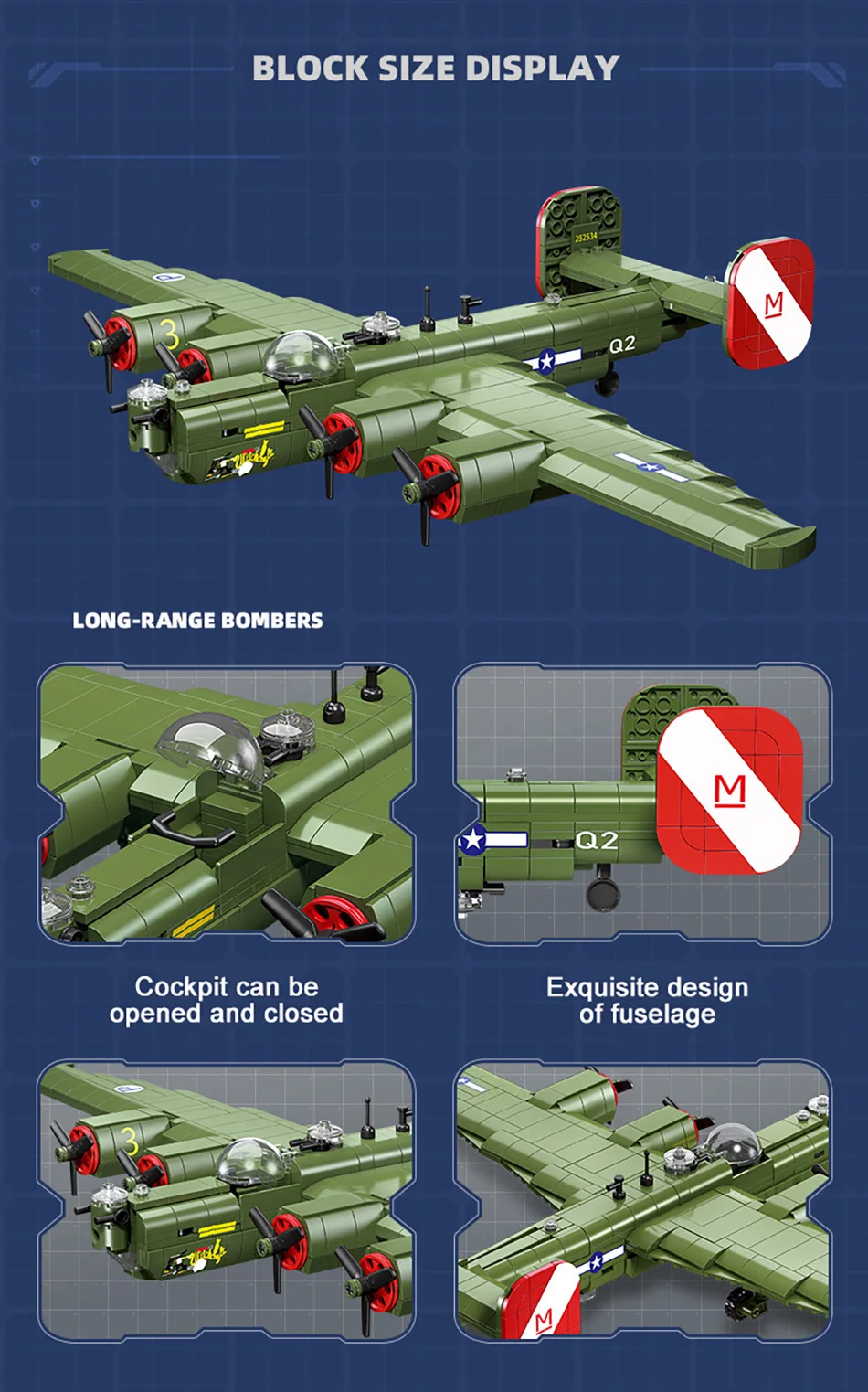 Military WW2 Strategic Long-Range Bomber Fighter Model Building Blocks Army Aircraft Airplane Weapons MOC Bricks Toys Kids Gift