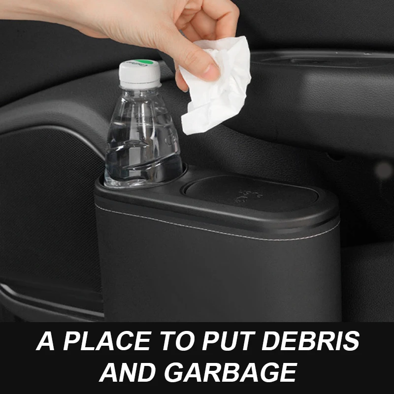 Leather ABS Car Trash Can Hanging Bin with Drink Holder