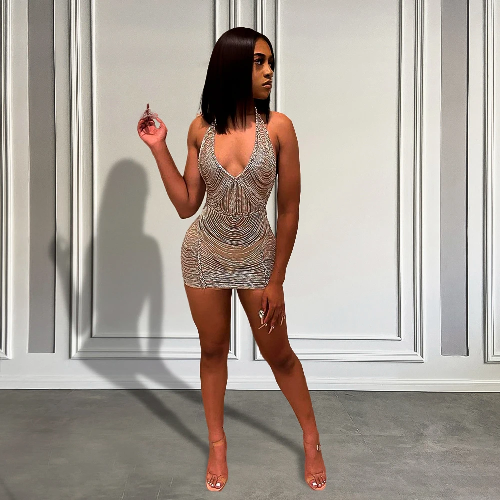 

New Arrival Sexy See Through Sparkly Silver Crystals Black Girls Short Mini Prom Dresses 2023 For Birthday Party