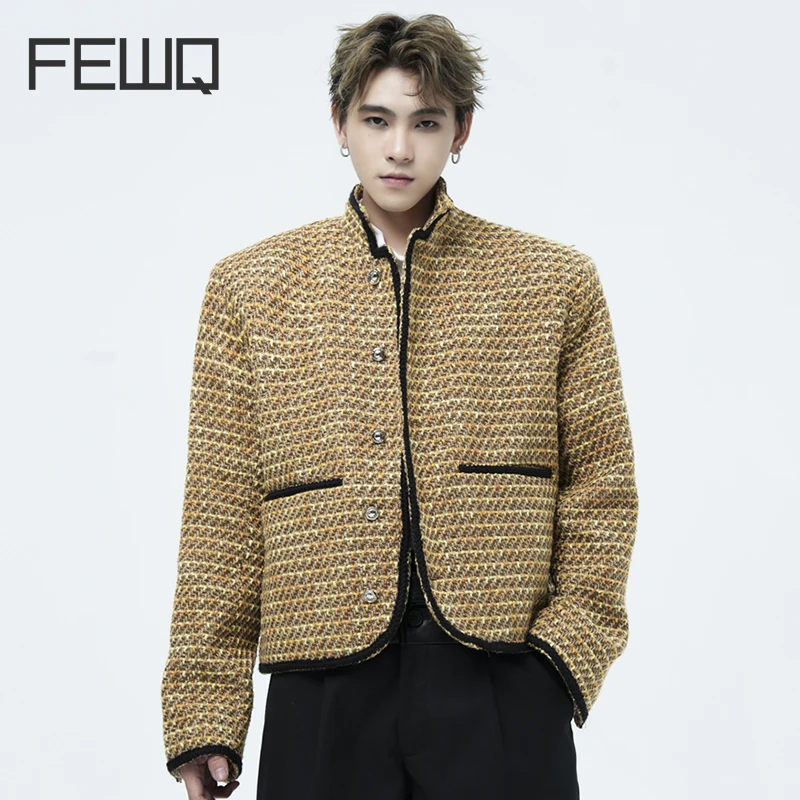 

FEWQ Coarse Tweed Woven Jacket Men's Highend Autumn Stand Collar Loose Casual Shoulder Pad Trend 2023 Single Breasted 24X1343
