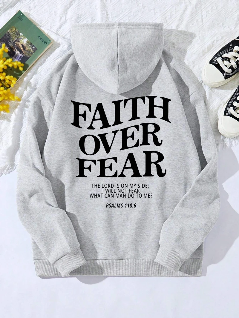 Felpe con cappuccio da donna Casual Faith Over Fear felpe con stampa di lettere in pile caldo e confortevole pullover tascabili autunno Streetwear 4