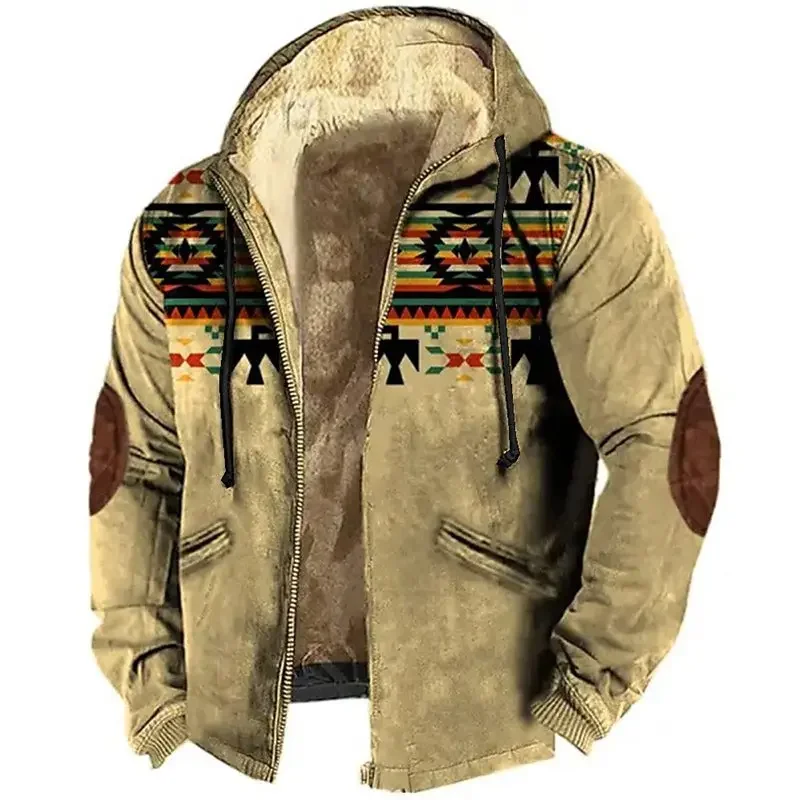 

2023 Europe and the United States new men's hoodie Arctic fleece hooded tribal striped print autumn and winter hoodie