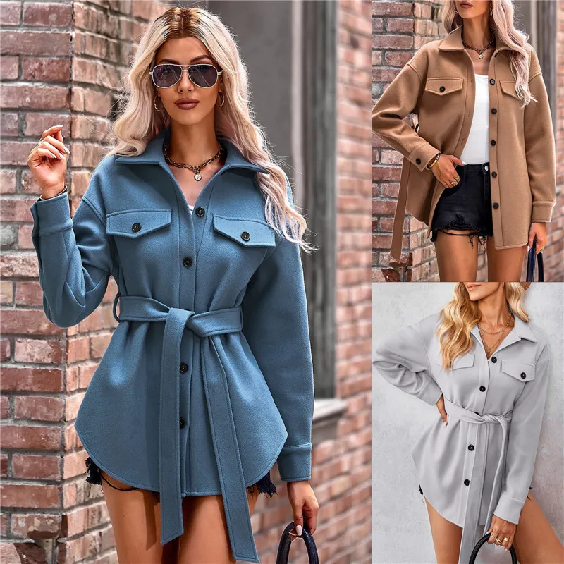 

Fashion Women Autumn Winter Woollen Jacket with Belt Loose Female Long Sleeve Coats Single Breasted Overcoats Outwear Clothing