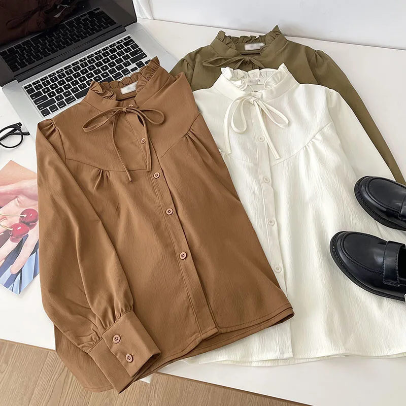 

Vintage stand neck lace up spring thin loose long-sleeved shirt