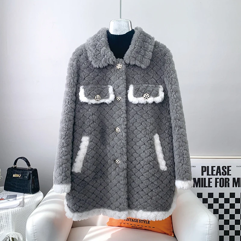 

Lady Girl Sheep Shearling Elegant Coats Female Women Lamb Wool Fur Warm Jacket Winter Overcoat JT3203