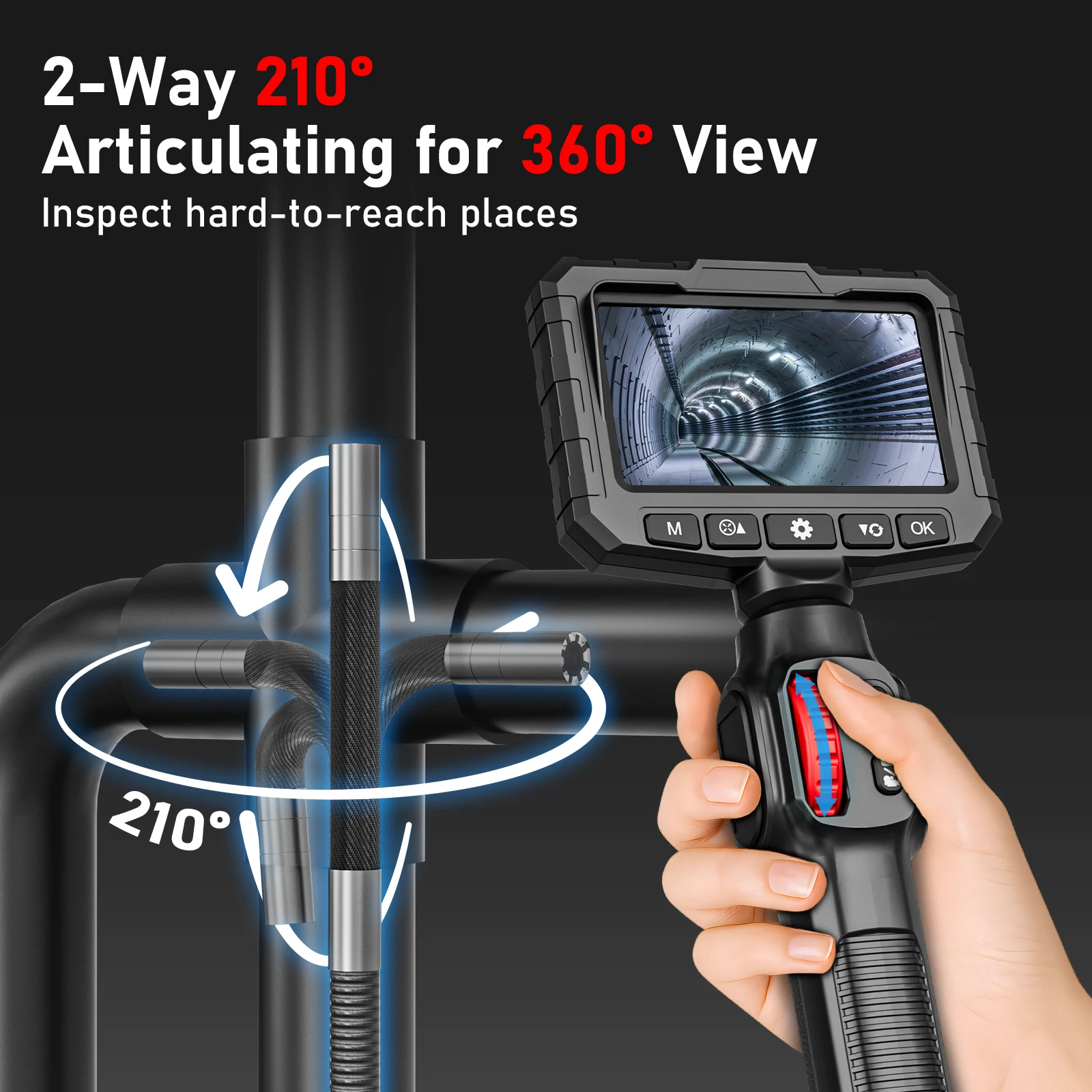 360 Degrees two Way Steering 2MP HD Industrial Endoscope for Car Pipe Inspection Sewer Camera Borescope with1-2m 2