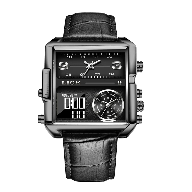 Luxury Gold Steel Sports Square Digital Analog Men's Quartz Watch