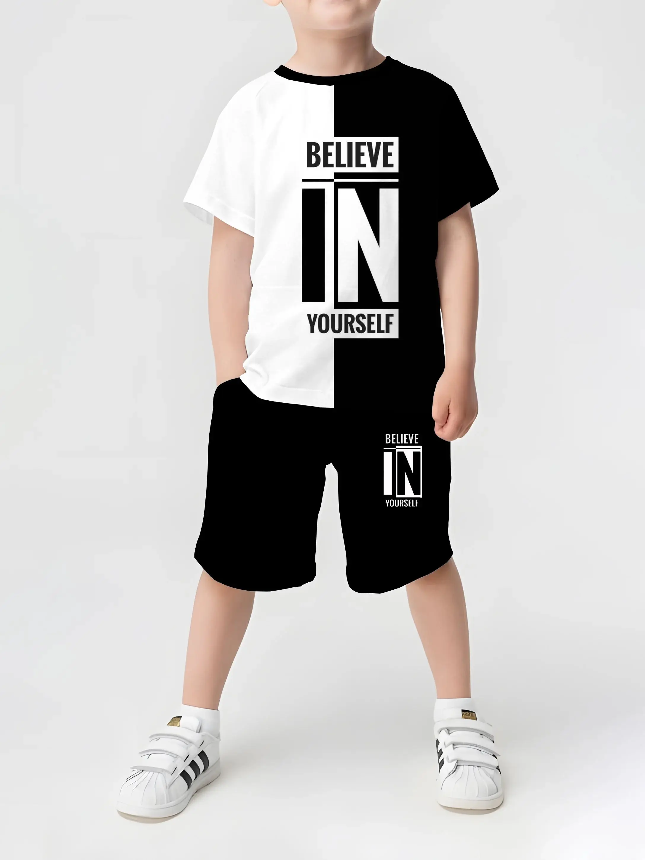 2025 kids summer outfit – short sleeve T-shirt with 3D crown print and shorts for boys and girls. white and black