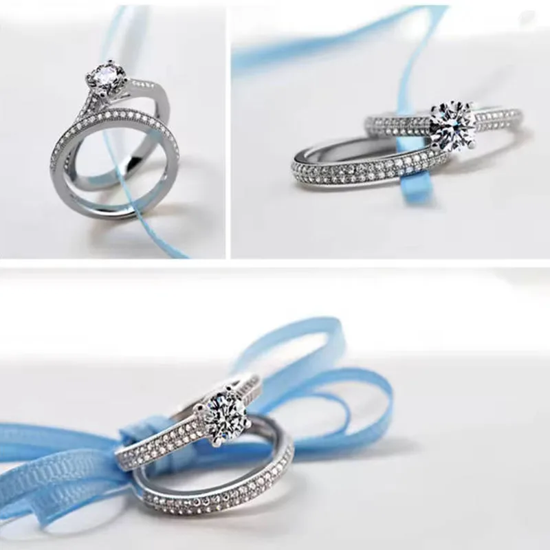 1 pair Vintage Halo 925 Sterling Silver Wedding Ring Set