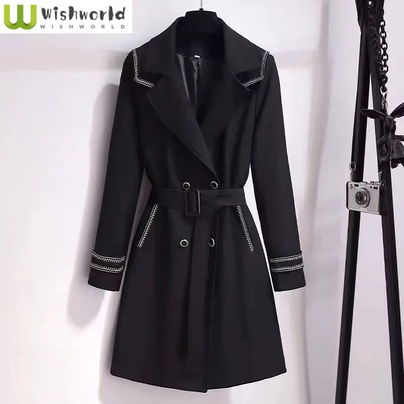 2022 New Autumn and Winter Korean Version Fashionable Thin Temperament High-grade Coat Black Windbreaker Medium Long Outer Coat four seasons moze chiffon small suit jacket women s summer thin new version korean style 2022 temperament loose sunscreen top