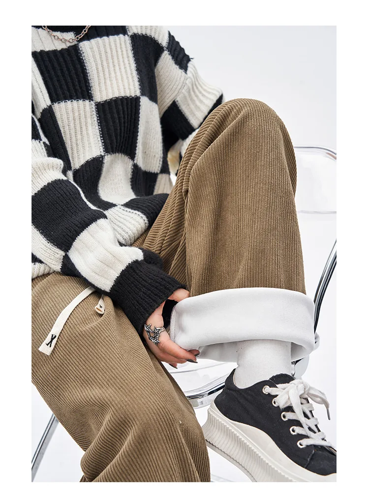 

Chenille Wide-Leg Pants Women Autumn Winter Fleece-Lined Thickened Straight Trousers Casual Corduroy Pants Female