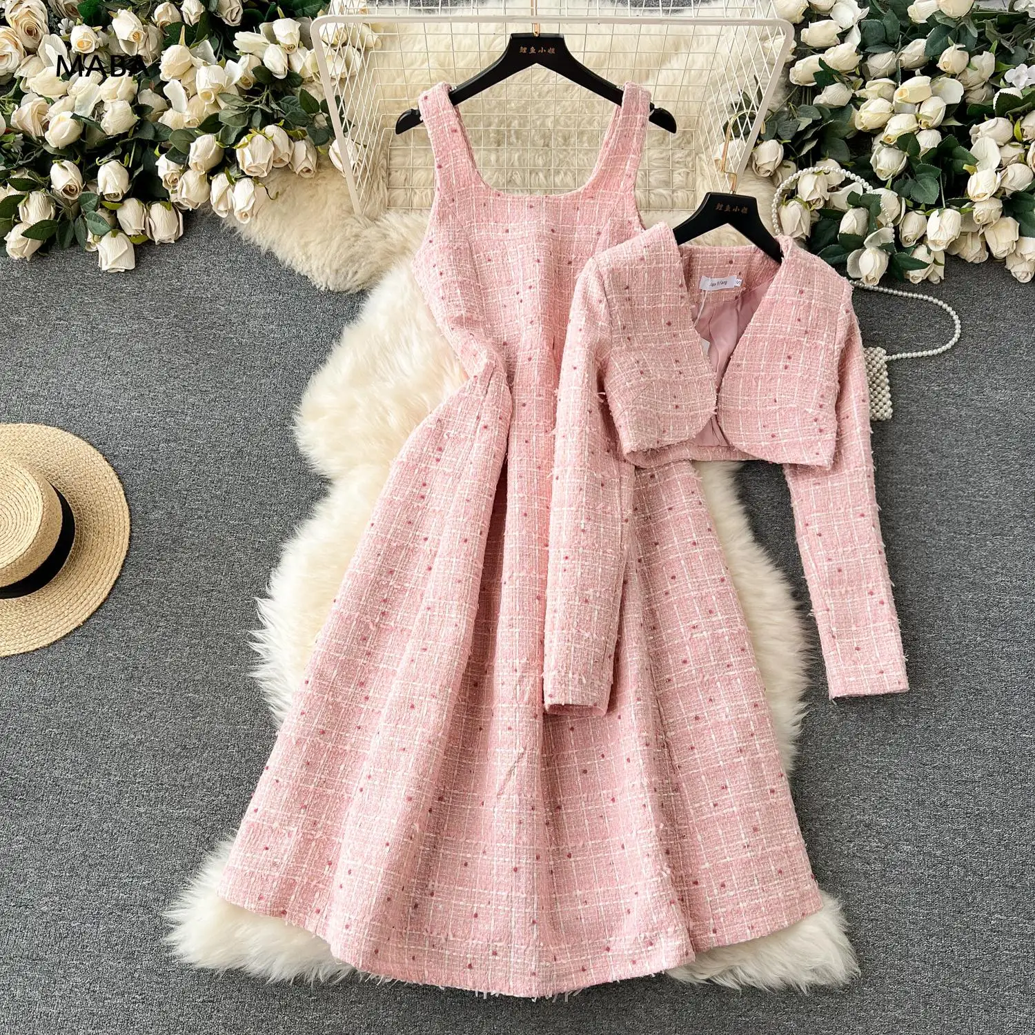 

Fashion Sweet Tweed Pink Dress Sets Women Autumn Winter New Short Jacket And A-line Tank Long Dress Gorgeous Party Birthday Suit