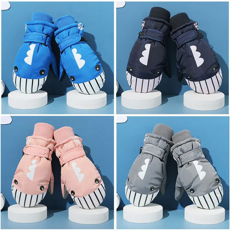 Children Gloves For Boys Girls Winter Mitten Thick Waterproof Non Slip Gloves Ski Warm Card Cartoon Shark Penguin