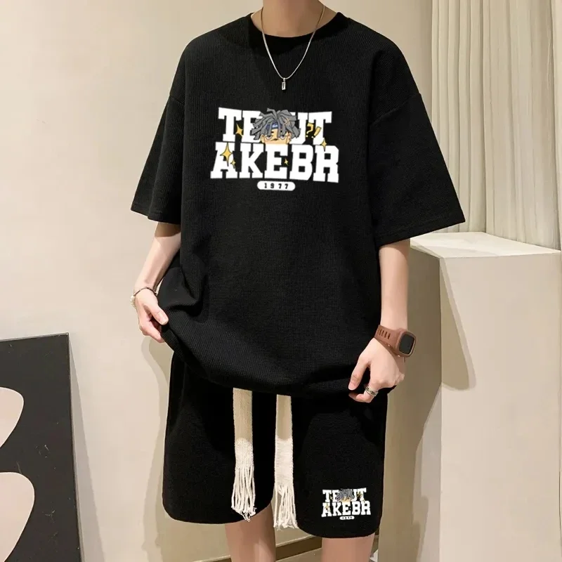 thumbnail image 1 of Nuevo conjunto de verano para hombre con diseño de gofres, camiseta de manga corta y pantalones cortos, conjunto de 2 piezas, ropa deportiva, chándal de moda, conjunto para correr, 1 of 5