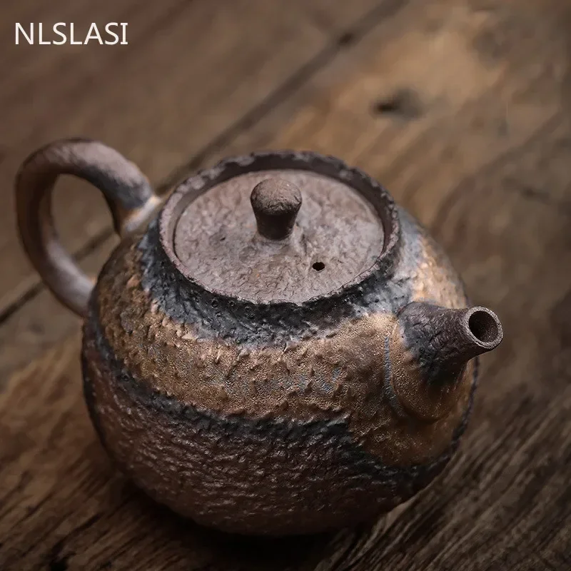 240ml Handmade Retro Coarse Pottery Teapot Japanese Gilt Iron Glaze Pot Pu 'er Tea Infuser Traditional Tea Ceremony Supplies