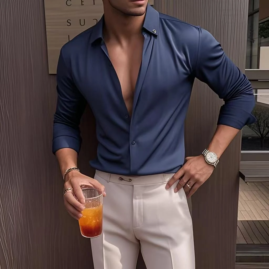 2025 New Seamless Waffle V-neck Shirt Men's Long Sleeved Casual Business Dress Shirts Solid Color Slim Streetwear Social Shirt