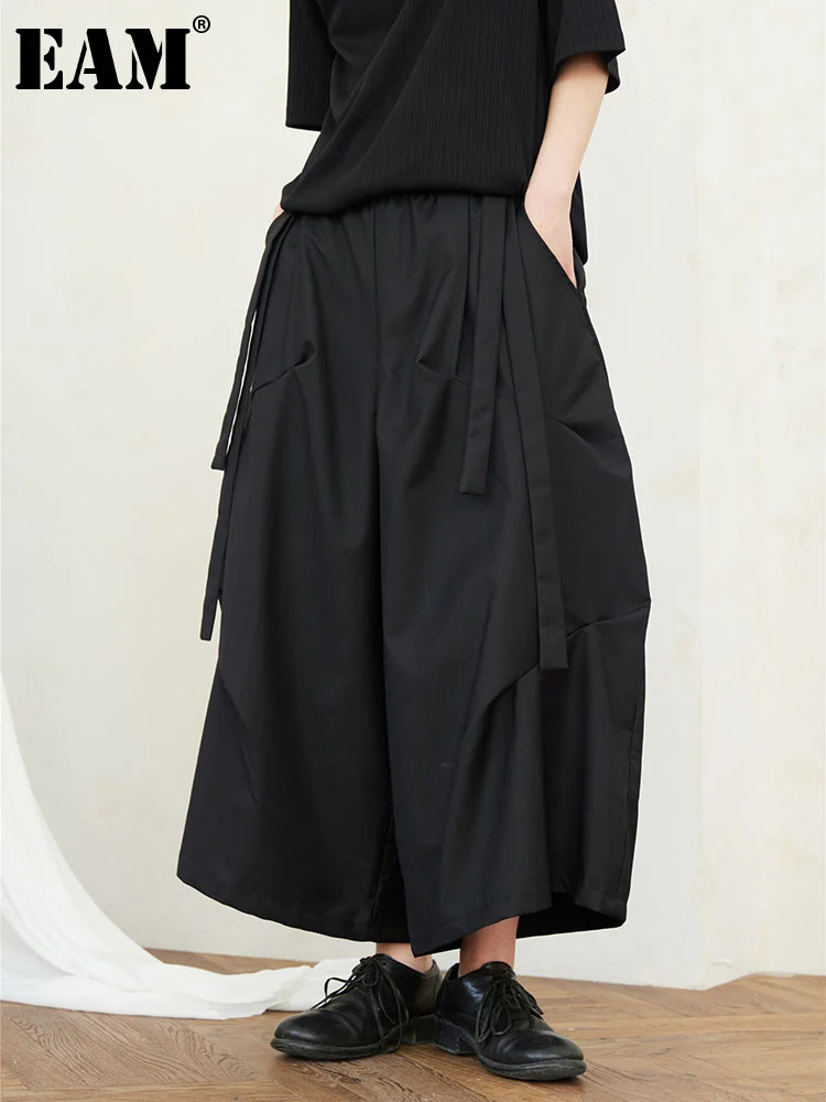 

[EAM] Women Black Pleated Wide Leg Pants High Elastic Waist New Loose Fit Trousers Fashion Tide Spring Autumn 2024 1DF9080