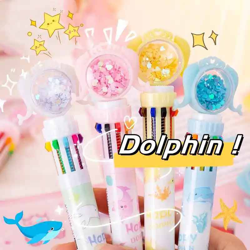 

20Pcs/Lot Cute Kawaii Dolphin 10 Color Ballpoint Pen Cartoon Sequins Multicolor Pens For Writing Kids School Office Stationery