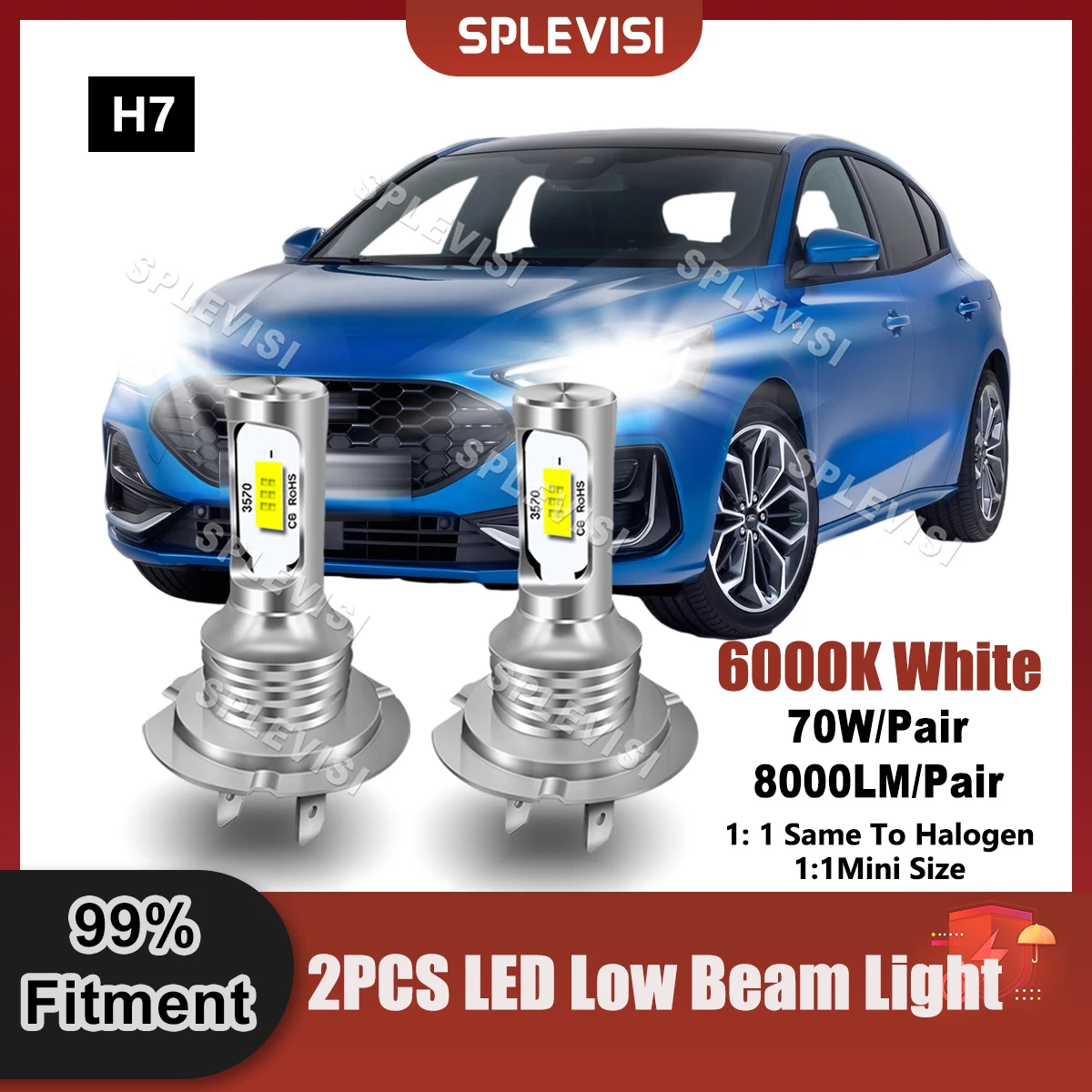 

2x H7 LED Headlamp Low Beam Bulbs For Ford Focus MK4 2018 2019 2020 2021 2022 2023 For Ford Focus C-Max 2003 2004 2005 2006 2007