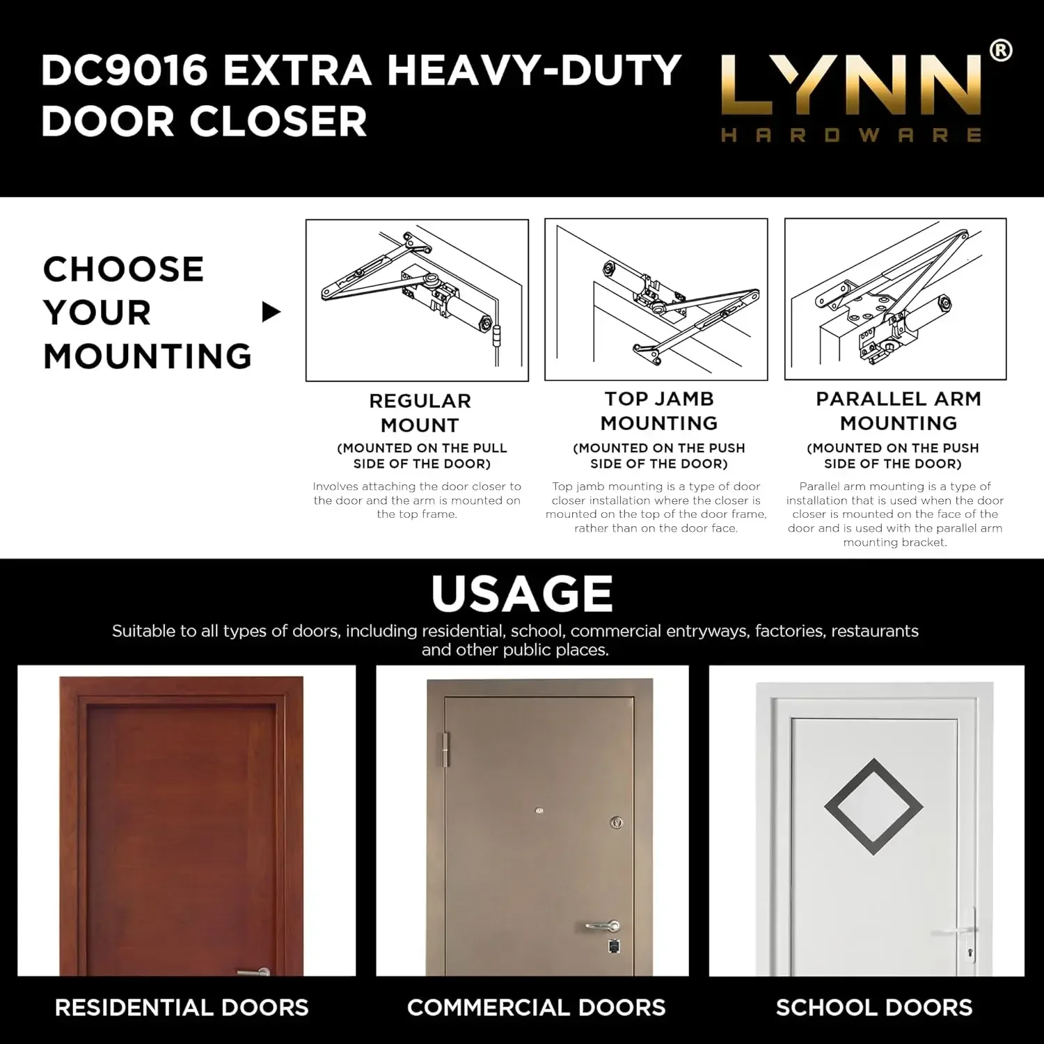 LYNN HARDWARE Commercial Door Closer, Automatic Surface-Mounted Auto DC9016, Extra Heavy Duty