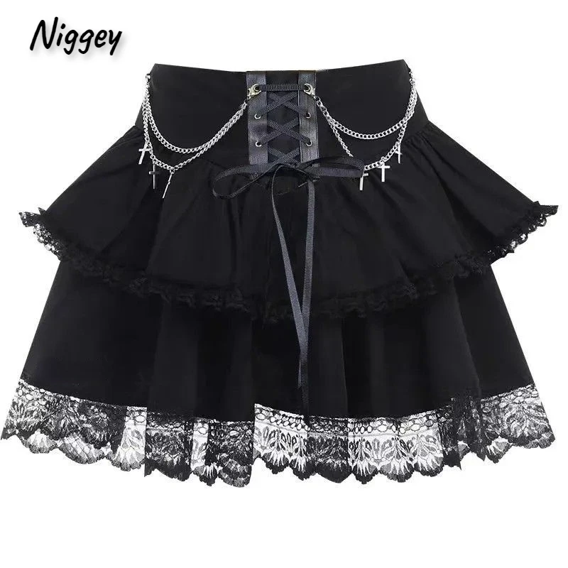 

NIGGEEY Dark Gothic French Lace Skirt Women Punk Spicy Girl Strap Skirt Waisted Slim Fluffy Short Skirt Cool Cocktail Dress