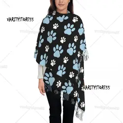 Ladies Long Pattern Of Paws Blue Paw Scarves Women Winter Fall Soft Warm Tassel Shawl Wraps Dog Animal Dogs Scarf