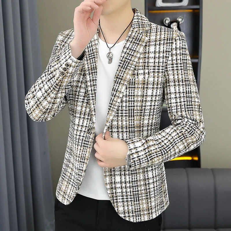 Blazer Men's Fashion Gentleman Business Outdoor Travel Plaid Slim-fit Korean Version of The Trend Handsome Youth Casual Blazer