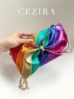 Luxury Metallic Vegan Leather Handbag Colorful Stripes Patchwork Sweet PU Bow knot Clutch Metal Chain Crossbody Bag Funky Y2K - Image 2