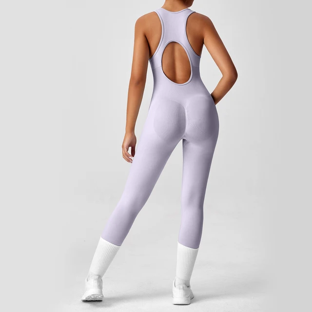 Seamless Peach Booty One-Piece Yoga Bodysuit - V-Back Tummy Control Gym Outfit for Women - Sexy Workout Jumpsuit Fitness Bodycon
