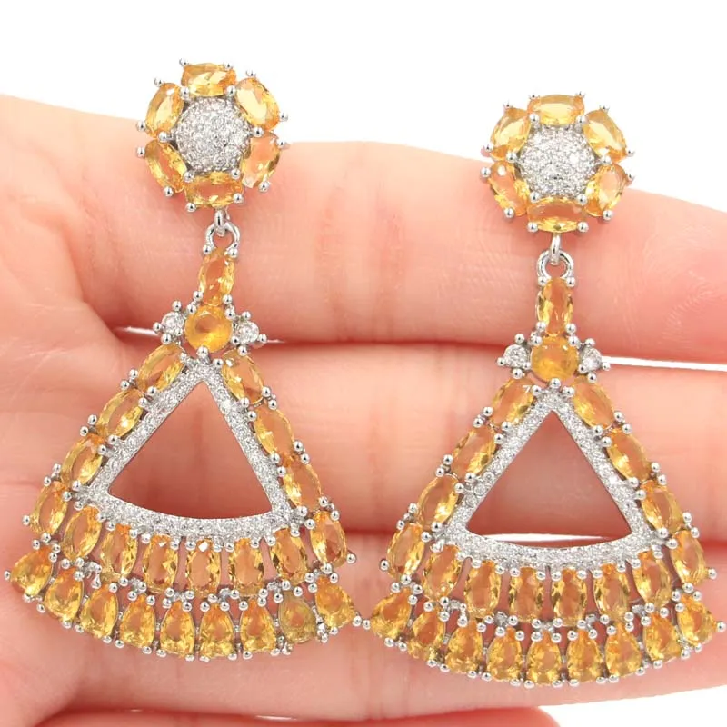 

51x30mm Eye Catching Fancy Pink Tourmaline Golden Citrine White CZ Women Wedding Silver Earrings Hot Selling