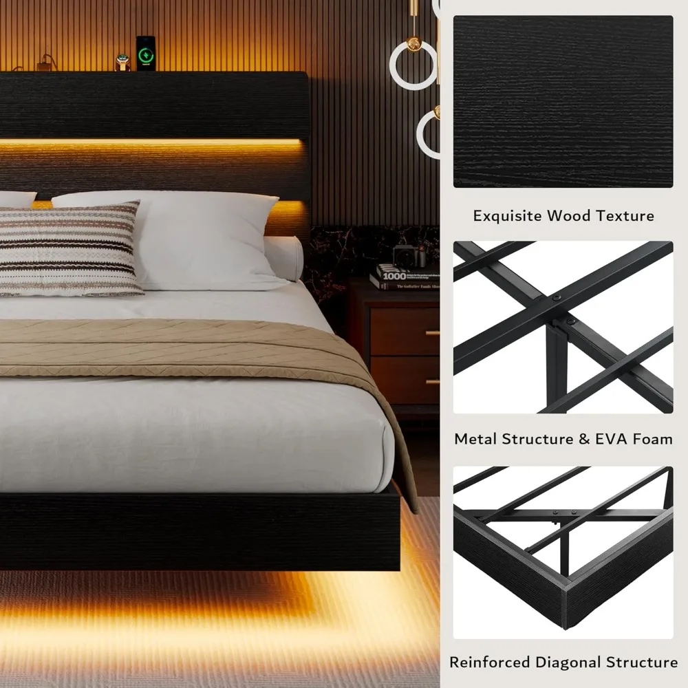 King Size Floating Bed Frame with LED Headboard and Charging Station, Metal Platform Bed Frame with Storage, Remote Control 5