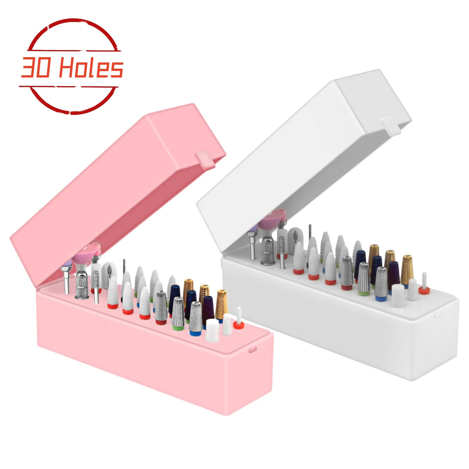 

30 Holes Nail Drill Bit Holder Storage Box Dustproof Stand Display Organizer Container Manicure Tool Pink/White