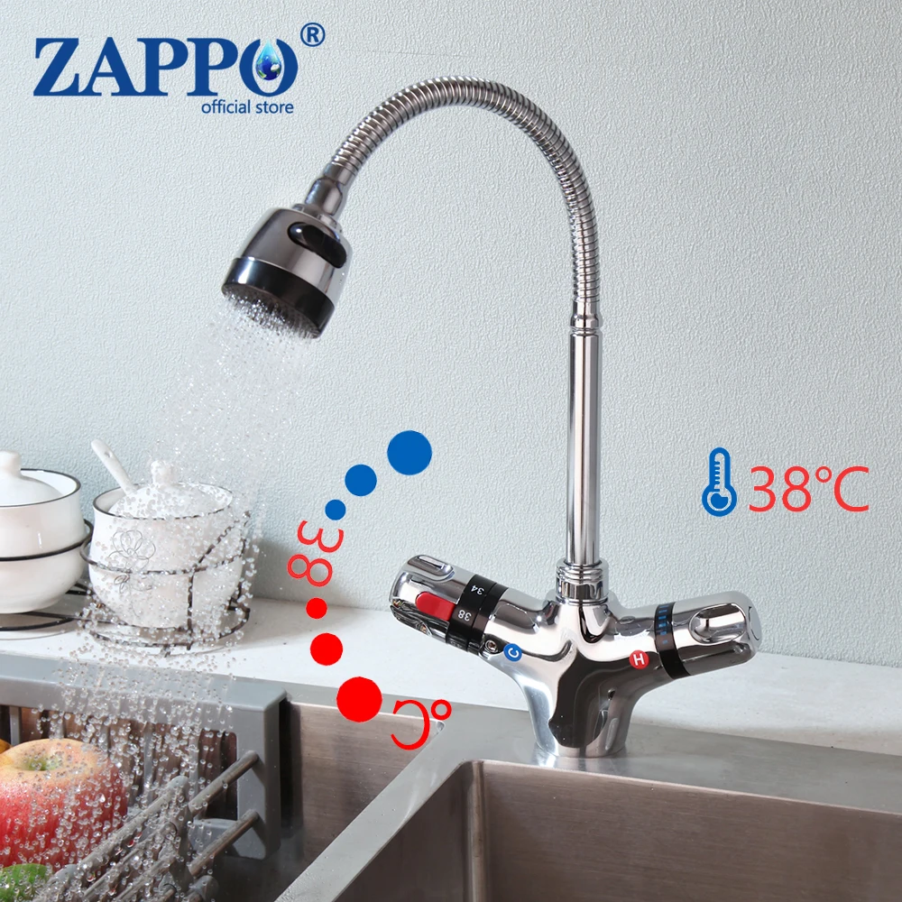 ZAPPO Solid Brass Chrome Finish Kitchen Mixer Tap Cold and Hot Kitchen Thermostatic Faucet Constant Temperature Mixer Faucets