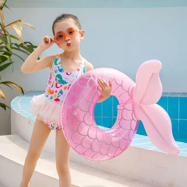 Inflatable Swimming Ring for Kids Pink Mermaid Shape Girls Safety Baby Seat Float Swim Circle Summer Beach Children Water Toys 2