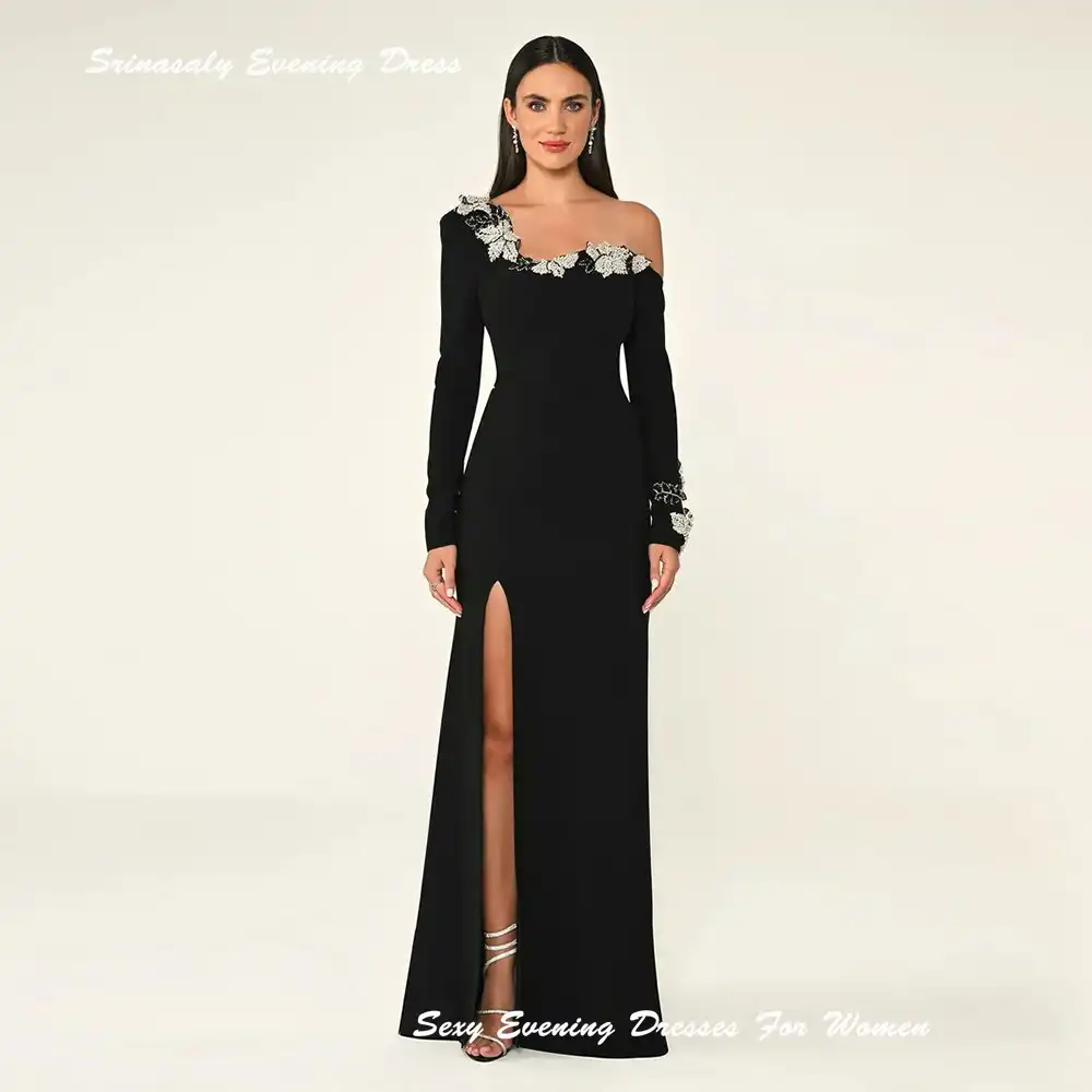 black long dress silk Black Satin Sheath Spaghetti Straps Long Prom Dresses With Side Slit, MP859 main image 1