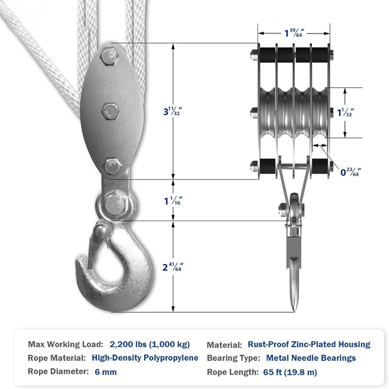 A7QHO-Block And Tackle Pulley System, 4-Wheel Rope Pulley Hoist, 2200LB Work Load With 65Ft Of 1/4 Inch Rope, Compact Rope