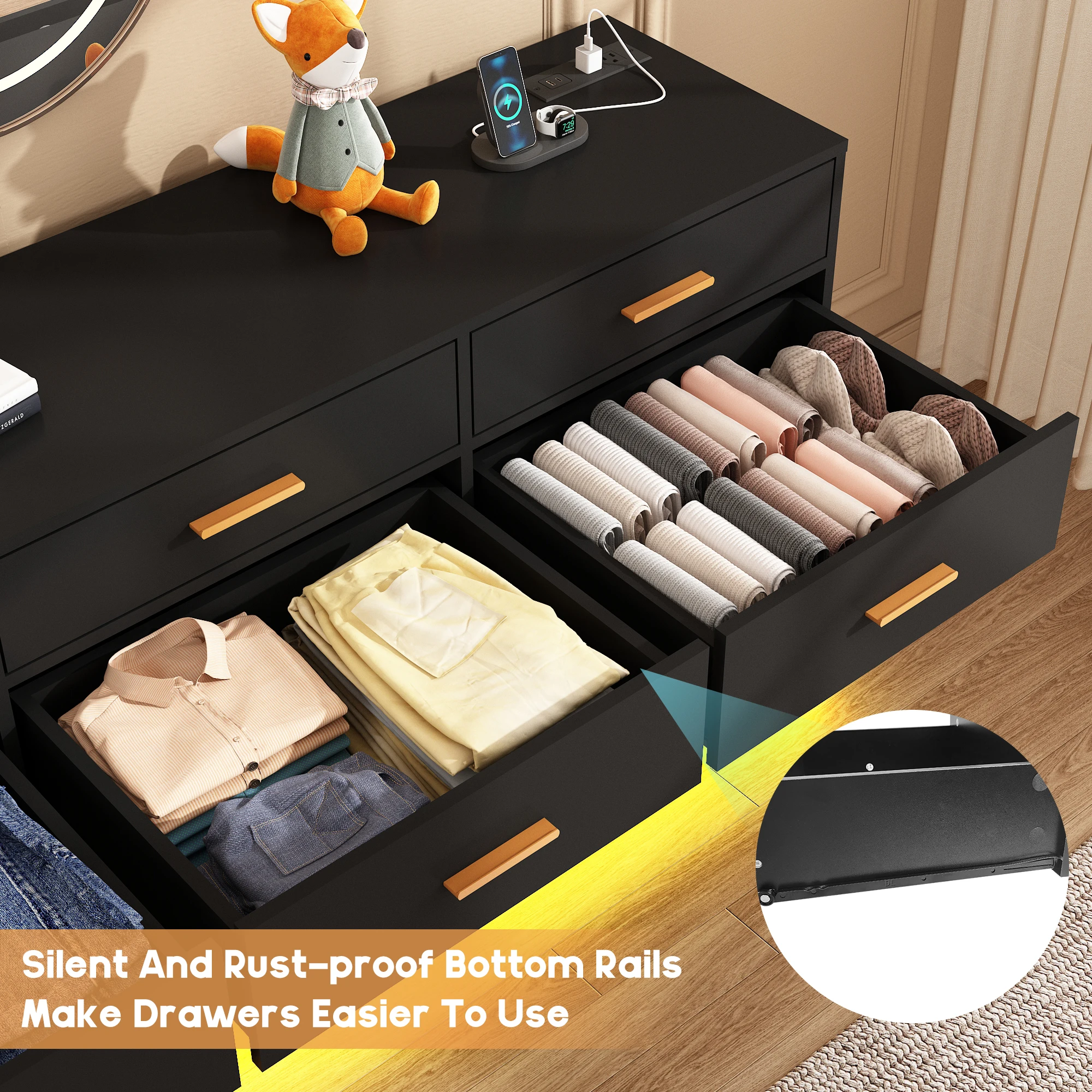 12 Drawer Dresser for Bedroom, 63'' Modern Chest of Drawers with Power Outlets & LED Lights, Wood Dresser for Living Room