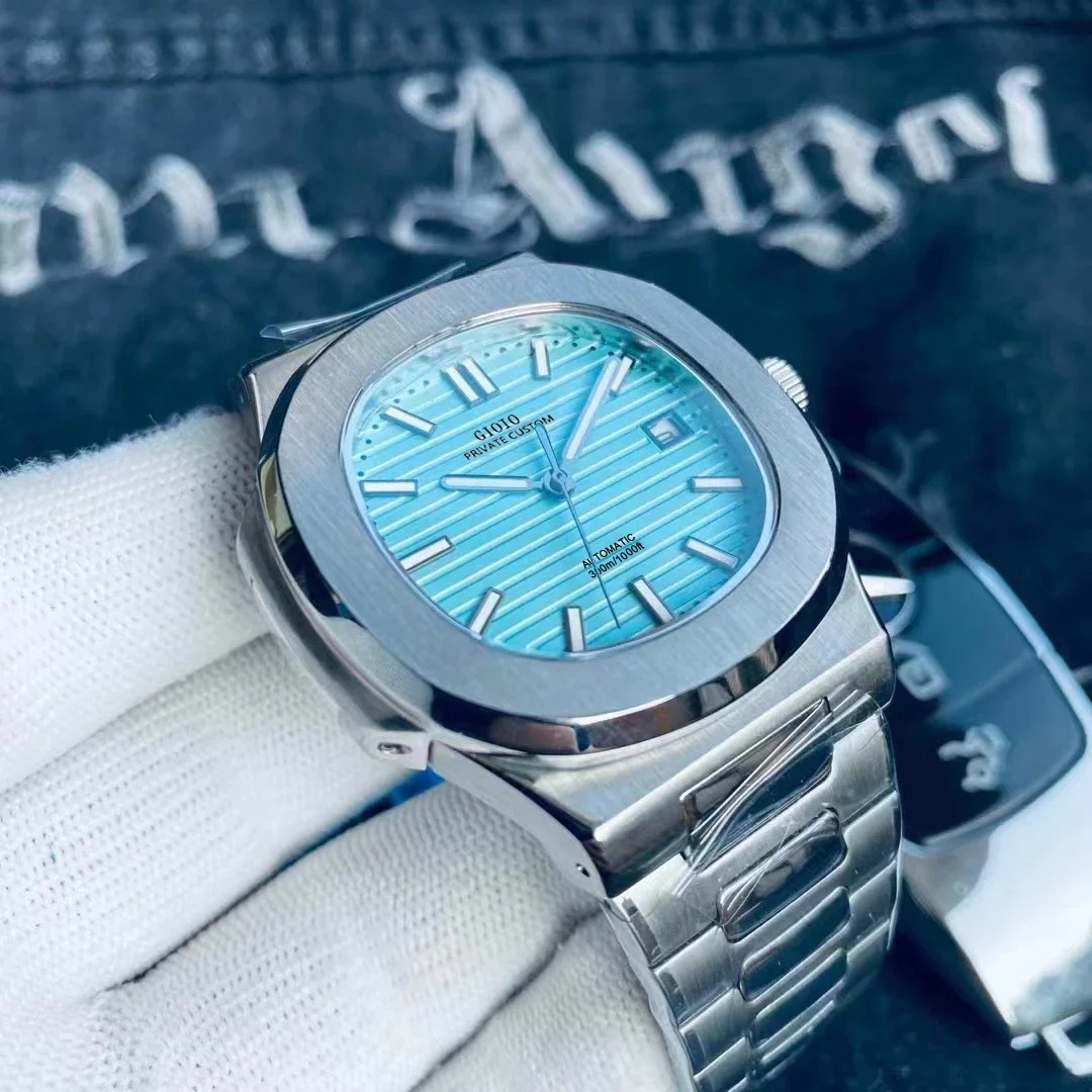 

Luxury Automatic Mechanical Mens Watch Sky Blue Diamonds Bezel Sapphire Stainless Steel Transparent