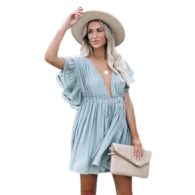 Sexy Bikini Cover-ups Deep V Neck Short White Tunic Casual Summer Beach Dress Elegant Women Clothes Beach Wear Swimsuit Cover Up