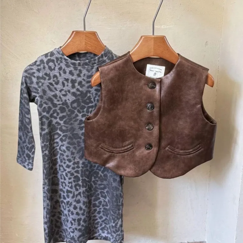 패션  소녀 PU 가죽 조끼 레오파드 드레스  아동 조끼 긴 티셔츠 봄 가을  의류 1-10세