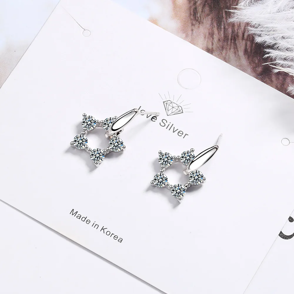 

925 Sterling Silver Zircon Round Stars Piercing Ear Stud Earrings For Women Fine Jewelry Wholesale Offers With Free Shipping