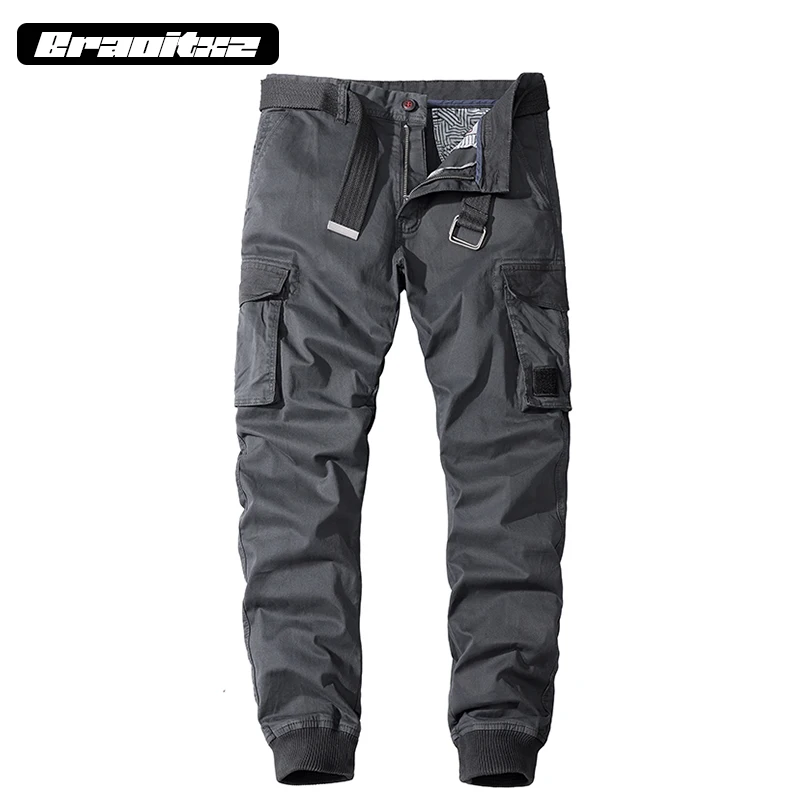 

New Men Outdoor Casual Pure Cotton Jogging Pants Men Straight-through Elastic Leg Military Multiple Pockets Cargo Pants Men