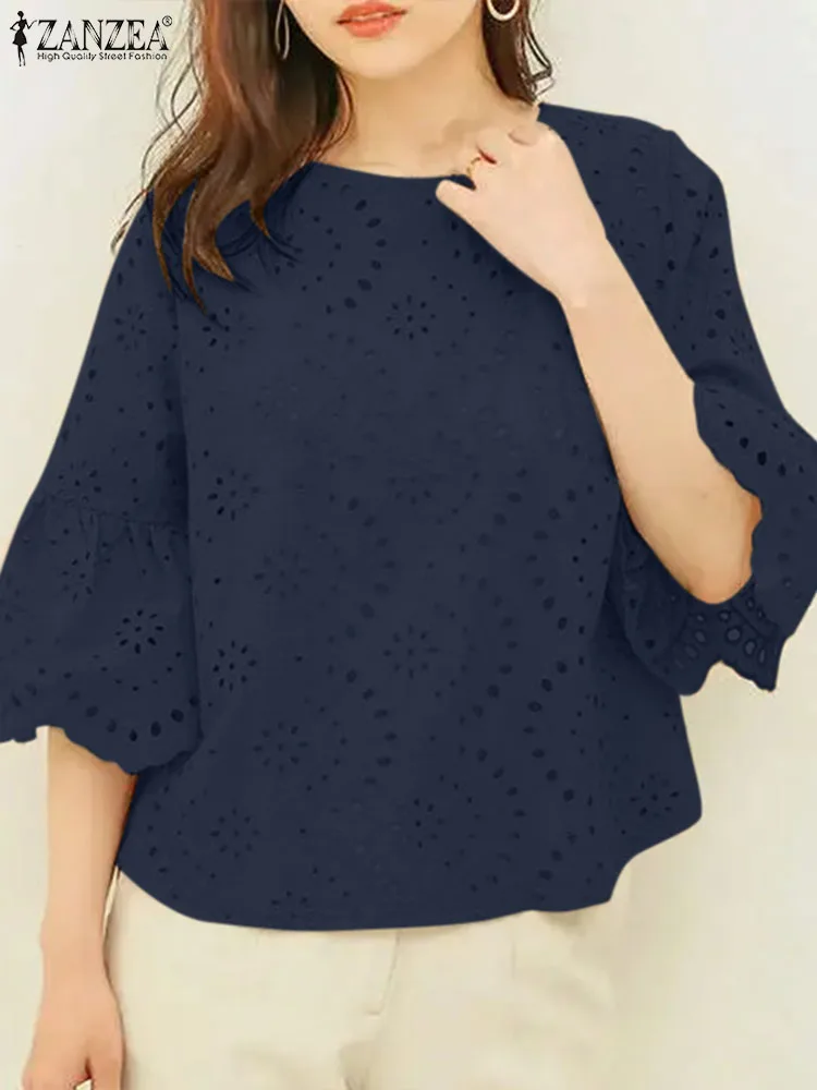 

ZANZEA 2024 Summer Lace Patchwork Tops 3/4 Ruffle Sleeve Elegant Casual Loose Blouse Solid Color Hollow Out Everyday Women Blusa